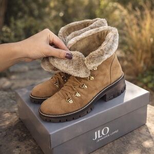 JLO Whiskey Avena Brown Suede Fur-Lined Ankle Combat Boots 8M NIB